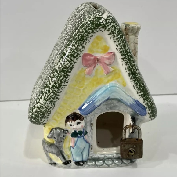 An Enterprise Exclusive ESD Japan Vtg Ceramic Fairy House Coin Bank Boy & Sheep - Picture 1 of 9